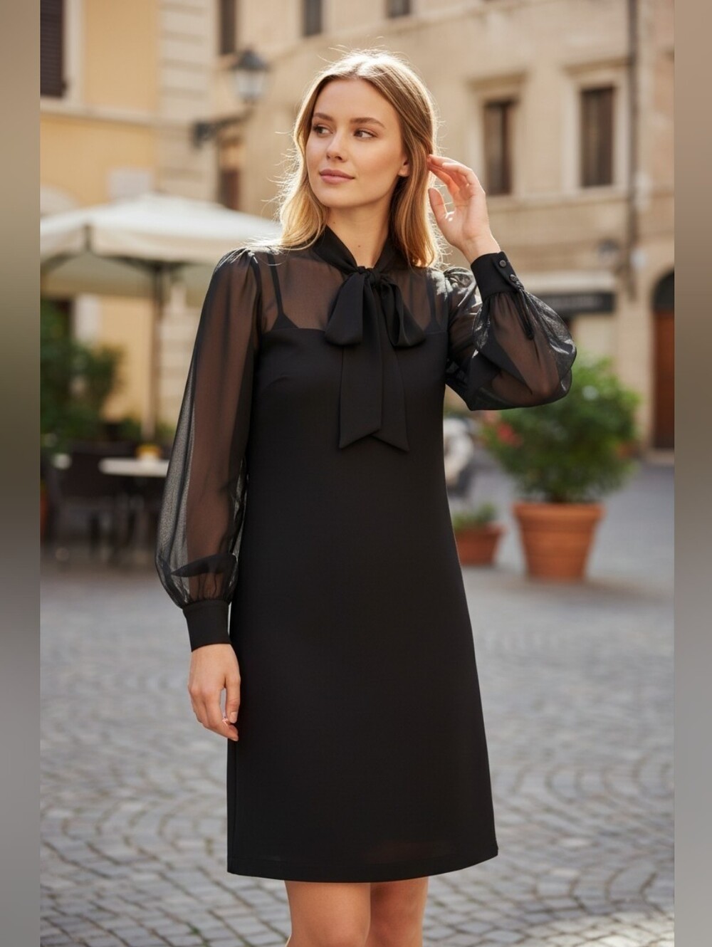 Merci Made In Italy Chic Black Dress with Sheer Sleeves